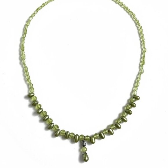 Green Glass Crystal Bead Freshwater Pearl Necklace 925 Silver - Picture 2 of 11